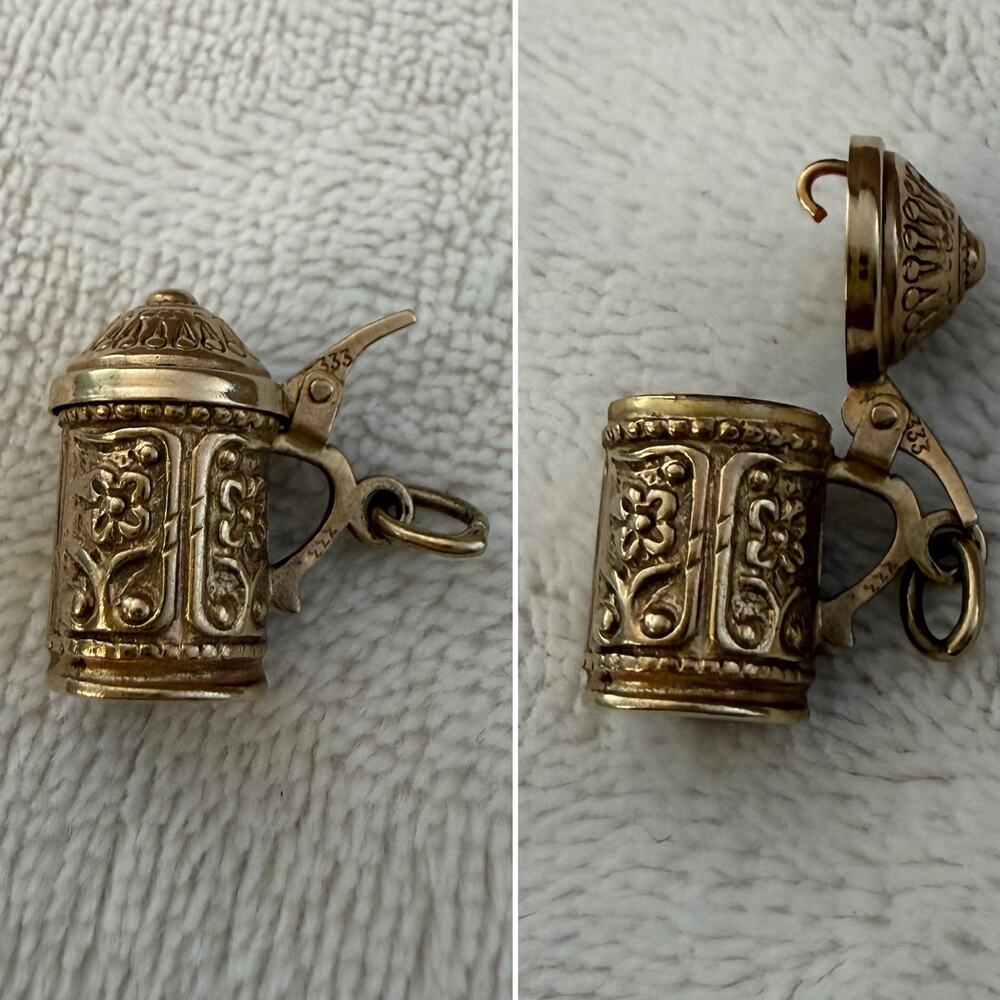 Vintage 8k Gold 333 German Beer Stein 3D Charm With Lid  That Opens - Picture 2 of 6